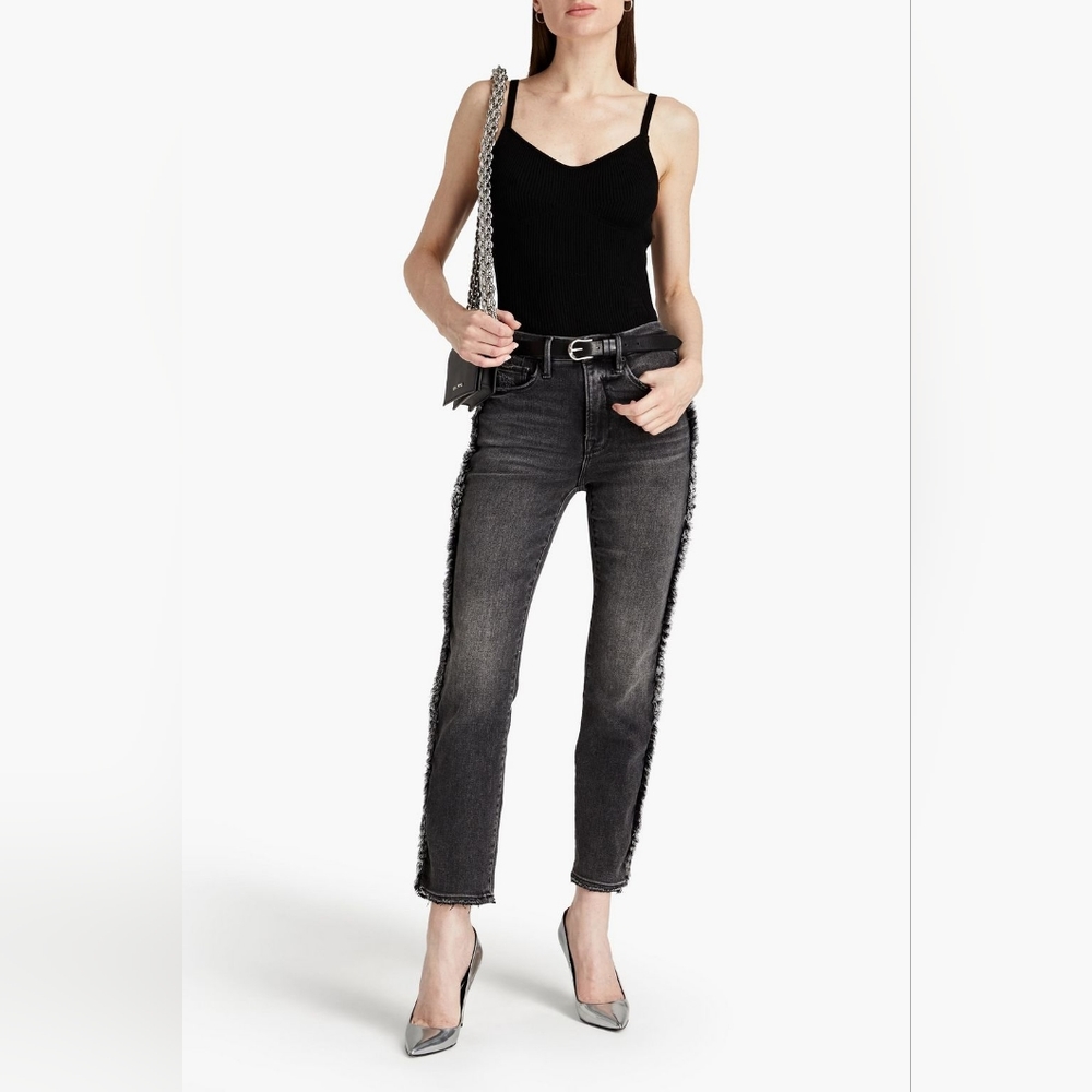Good American Good Boy Dark Wash Frayed High Rise Slim Leg Jeans Women's Size 14 - Picture 13 of 13